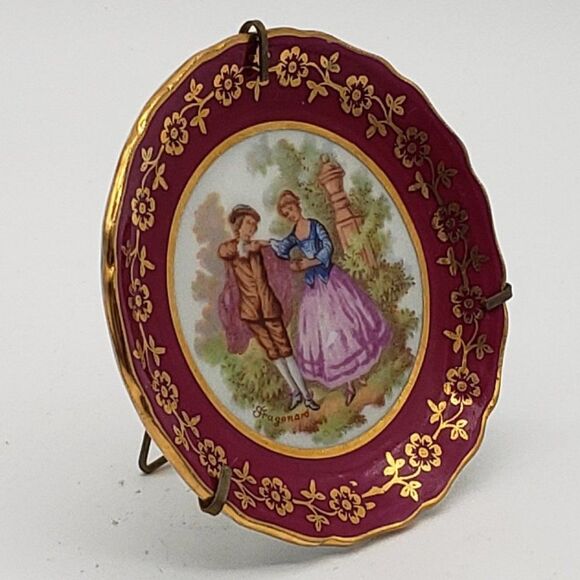 Limoges France Vintage Porcelain Cranberry Gold Gilt Dancing Couple Mini Plate - Picture 4 of 6